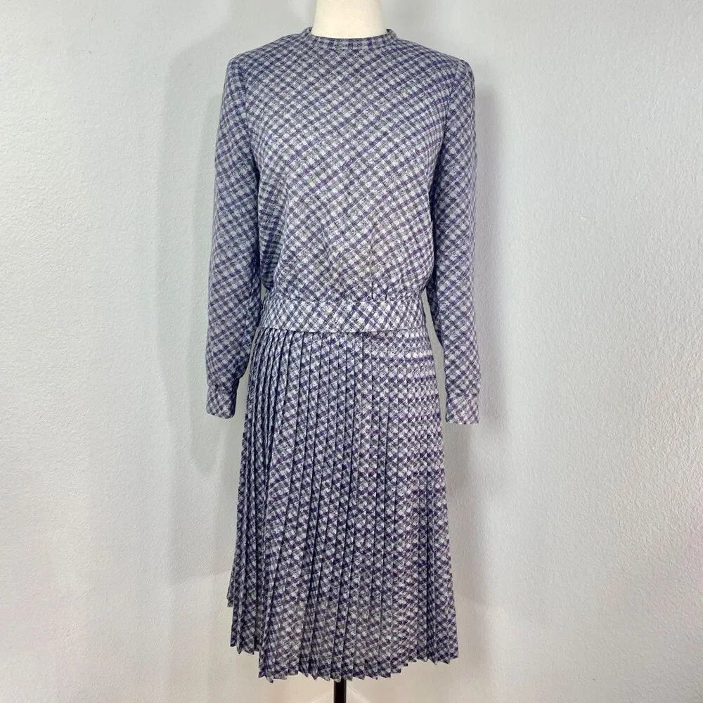 Vintage 80s Two-Piece Skirt & Blouse Med 8 Julie Miller Purple Plaid Lightweight